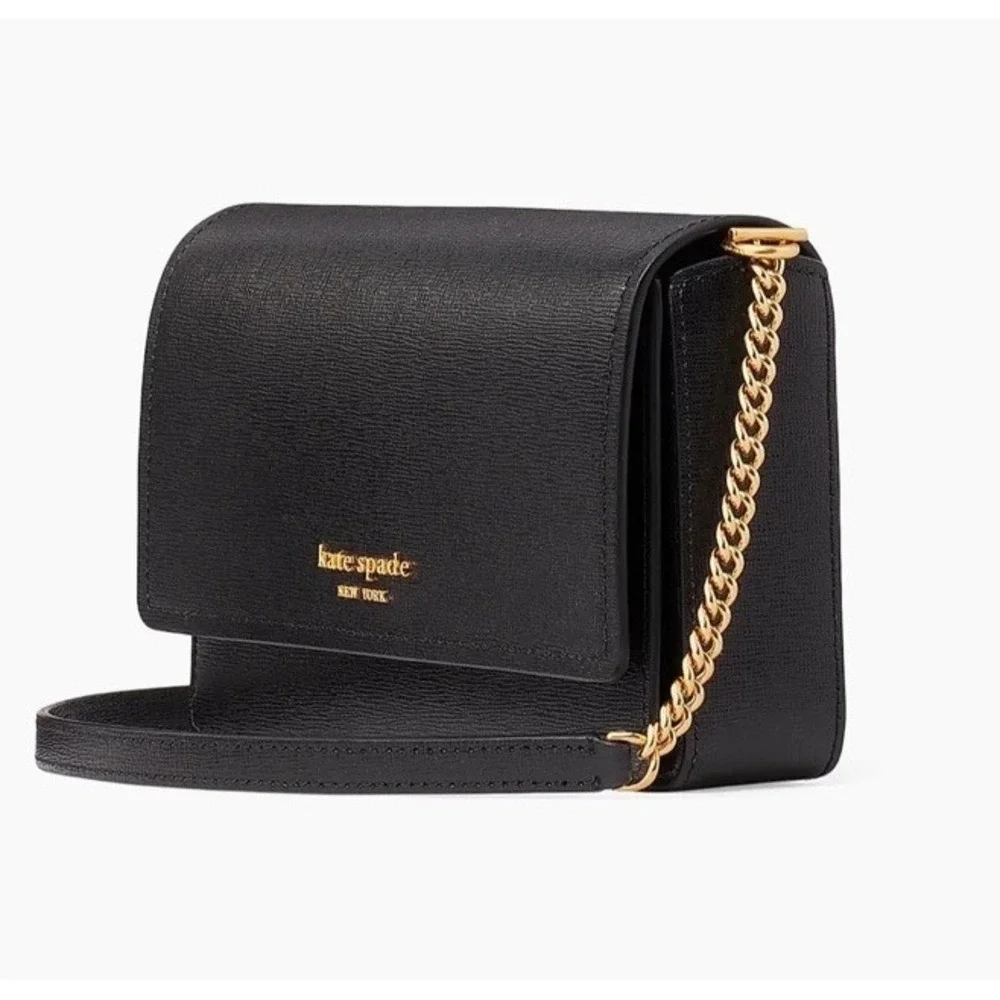 NWT Kate Spade Morgan Black Leather‎ Flap On A Chain Wallet Crossbody Strap